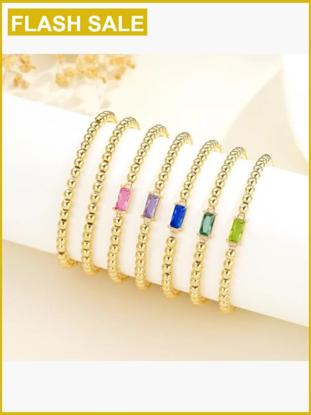 Layered Birthstone Stretch Bracelet Set Gold Plated CZ Dainty